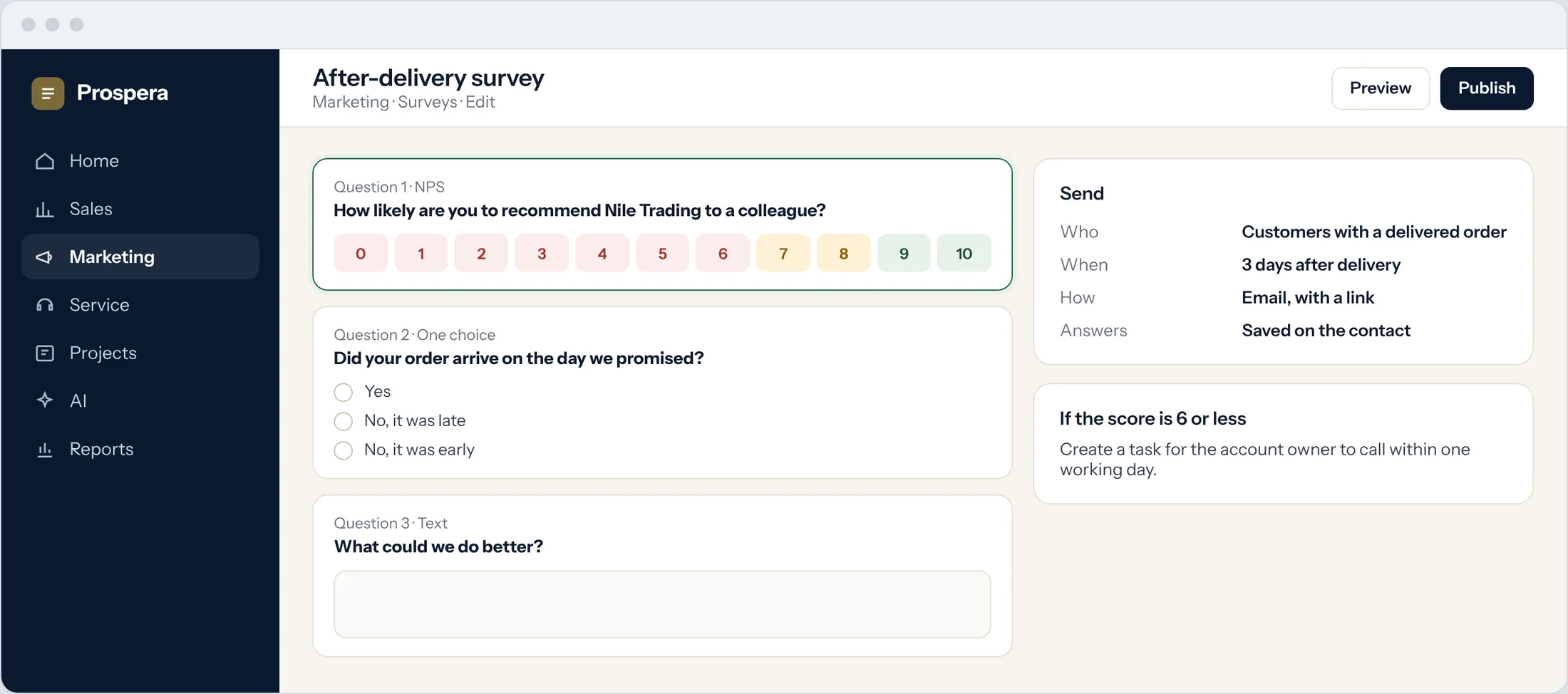 Sample: an after-delivery survey with an NPS question, a choice question and a comment box