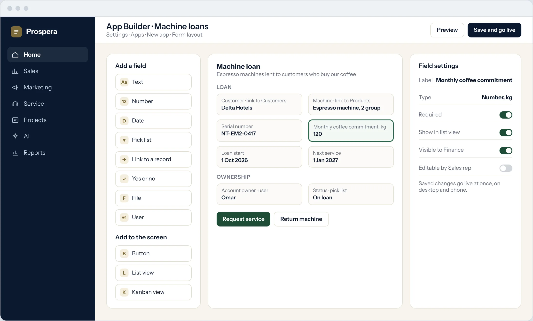 Sample: an app screen with request service and return machine buttons