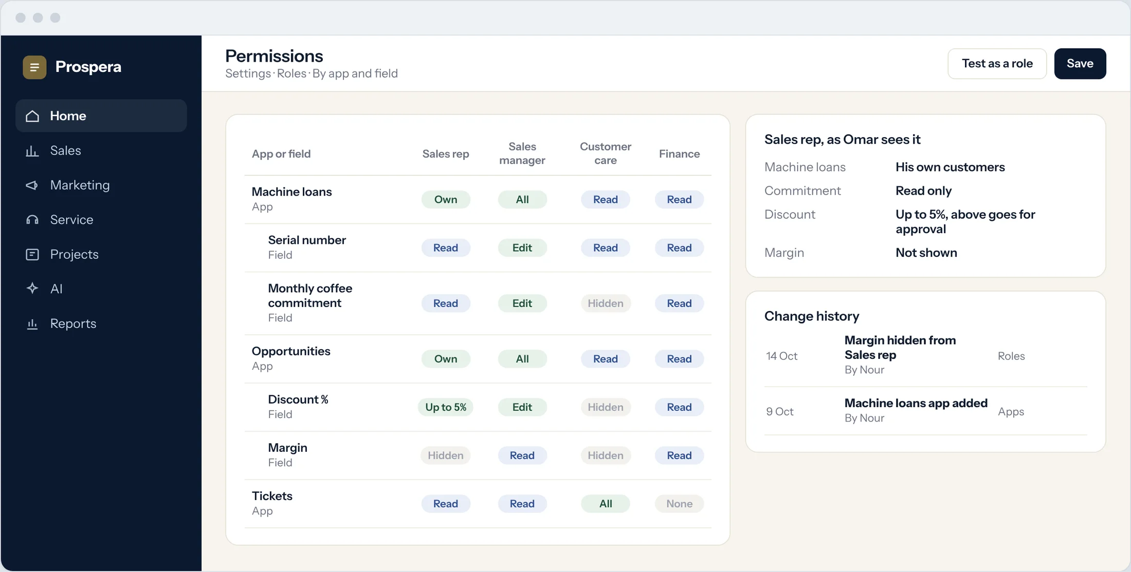 Sample: permissions by role for apps and fields