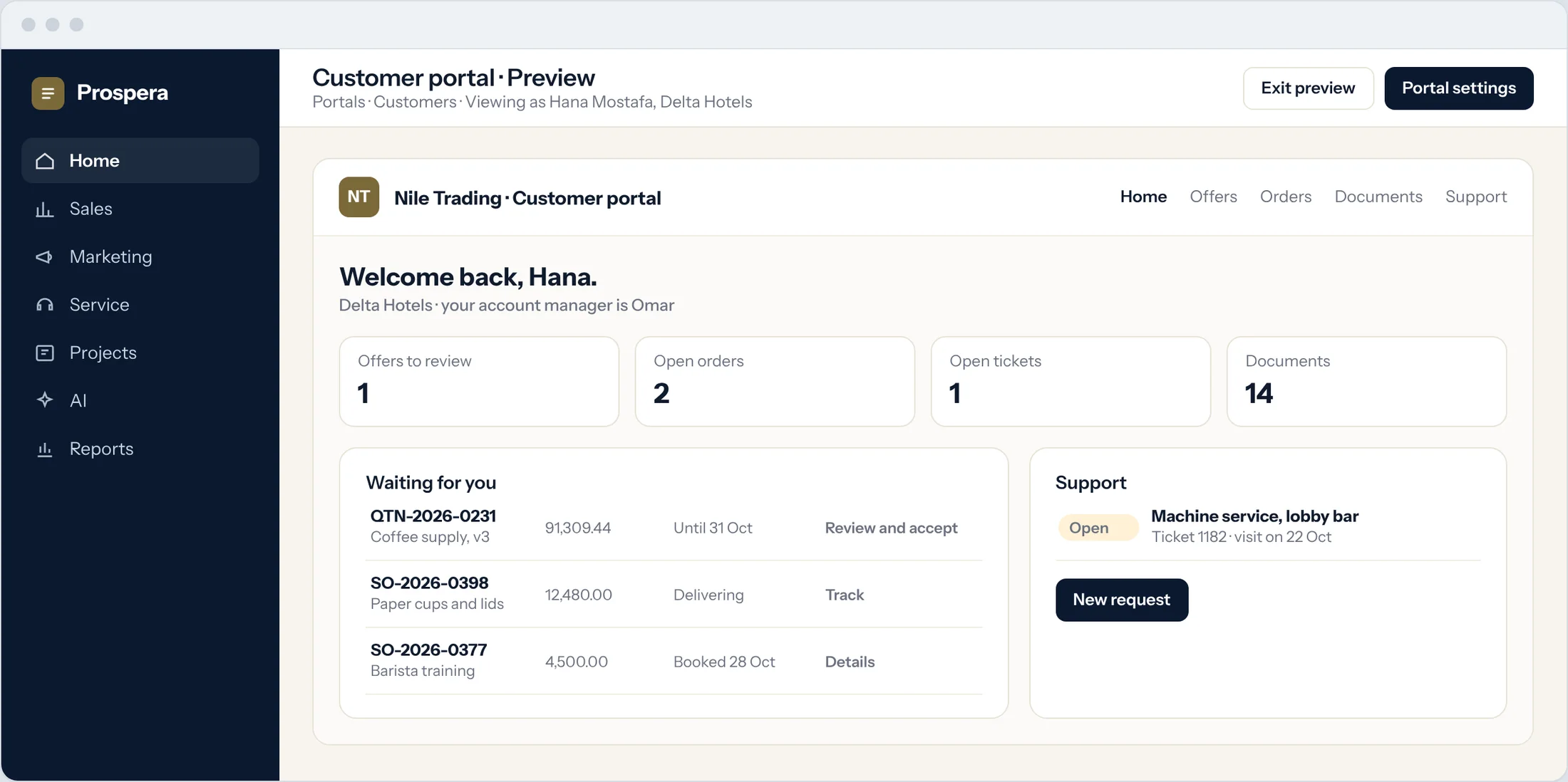 Sample: a customer portal with an offer to accept, open orders and a support ticket