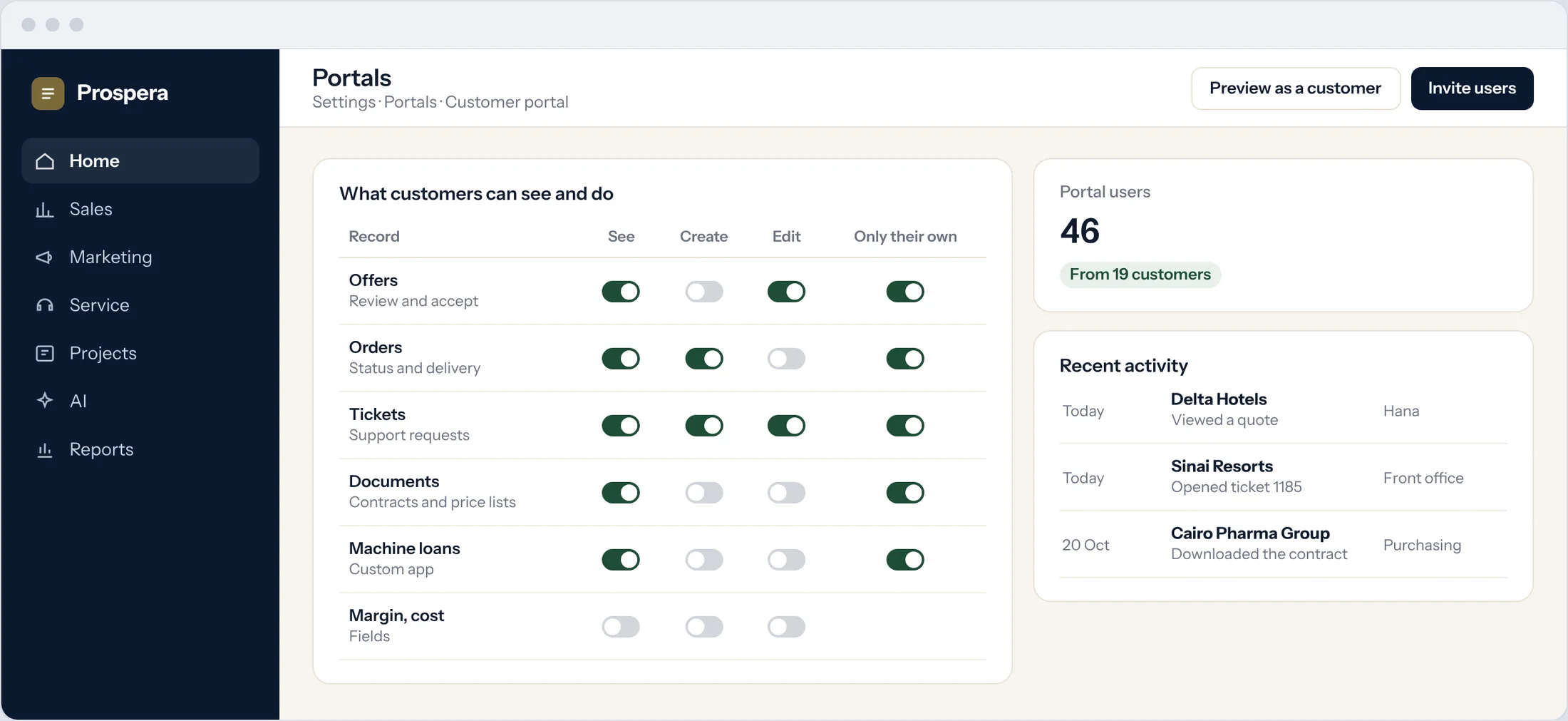 Sample: portal settings showing what customers can see, create and edit