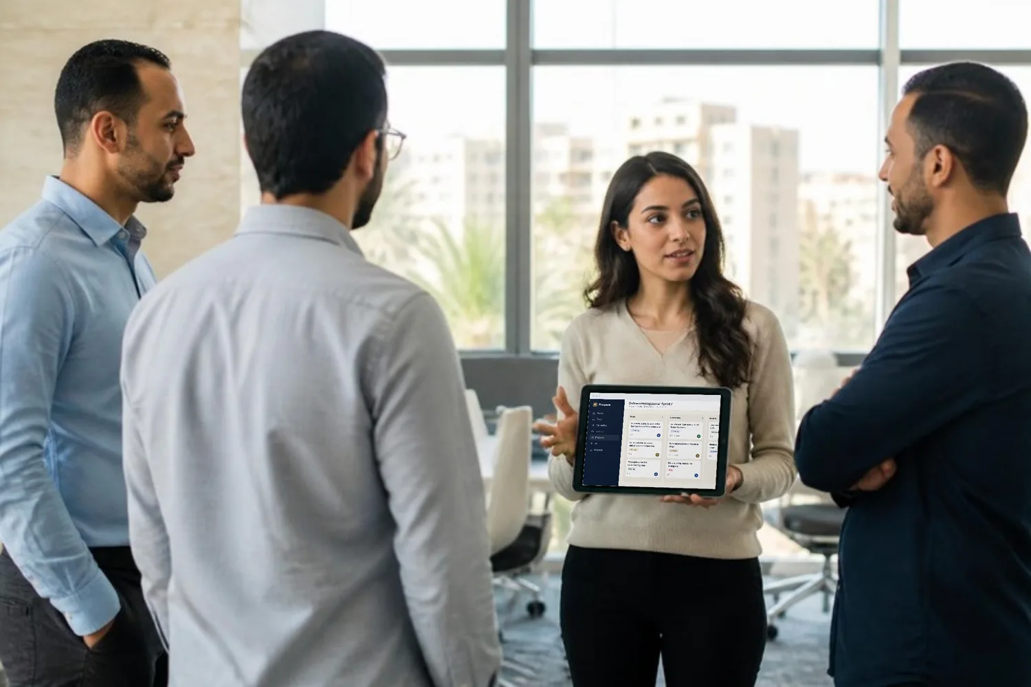 A product team holds its morning stand-up in front of a sprint board, the scrum master holding the board on her tablet