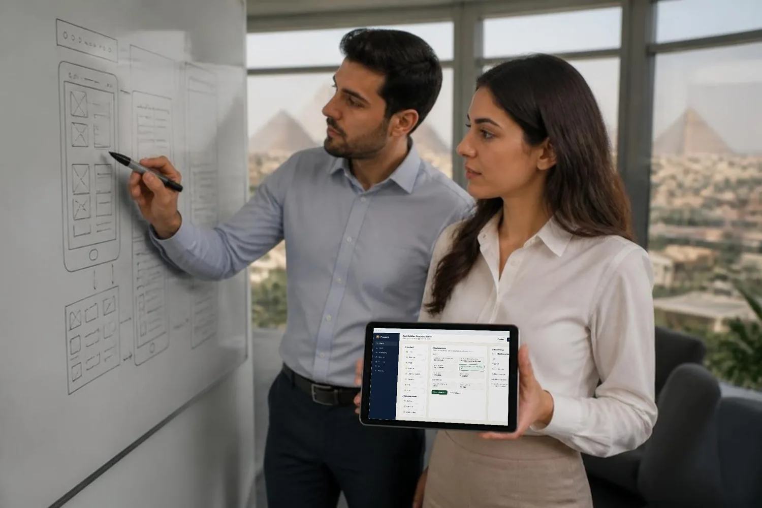 An operations lead and a developer sketch a new form at a whiteboard, the app builder open on a tablet