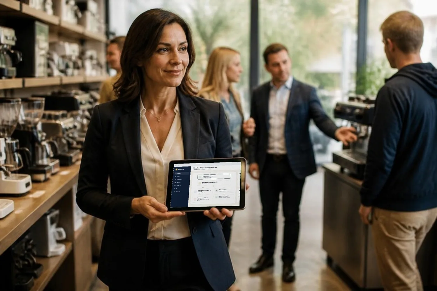 A sales manager approves a discount request on her phone while walking through a busy showroom