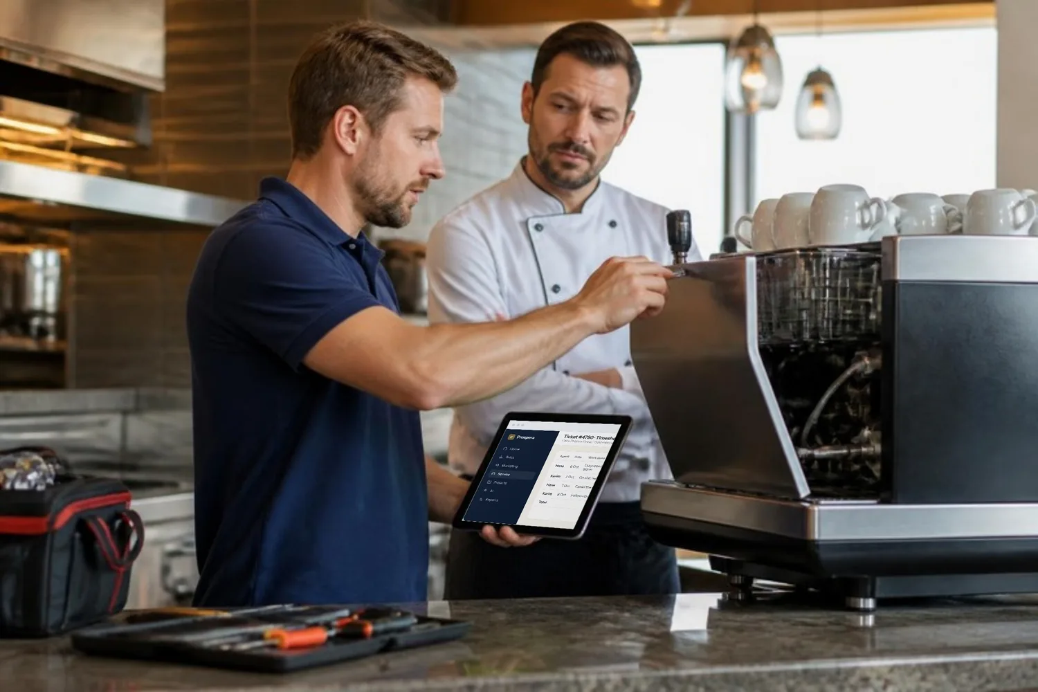 A field technician finishes a coffee machine repair in a hotel kitchen and logs his time on a tablet as the chef looks on