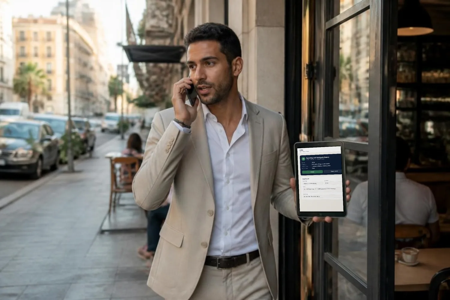 A sales executive leaving a client cafe takes a call, the caller's record open on his phone