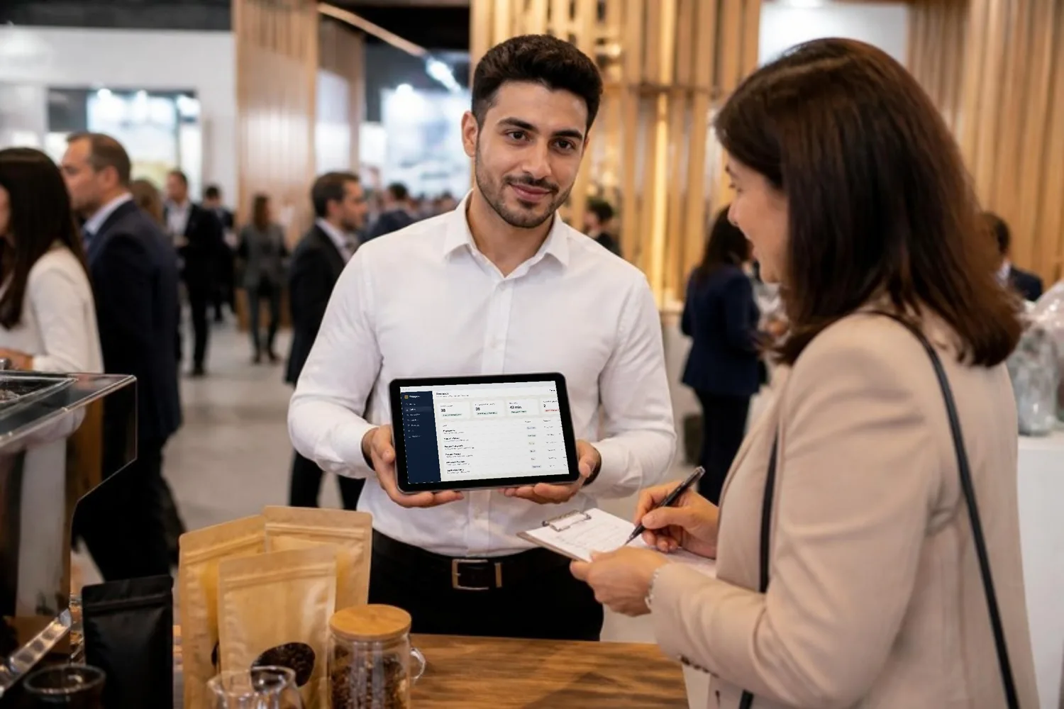 A sales executive at an exhibition stand takes a visitor's details on his tablet