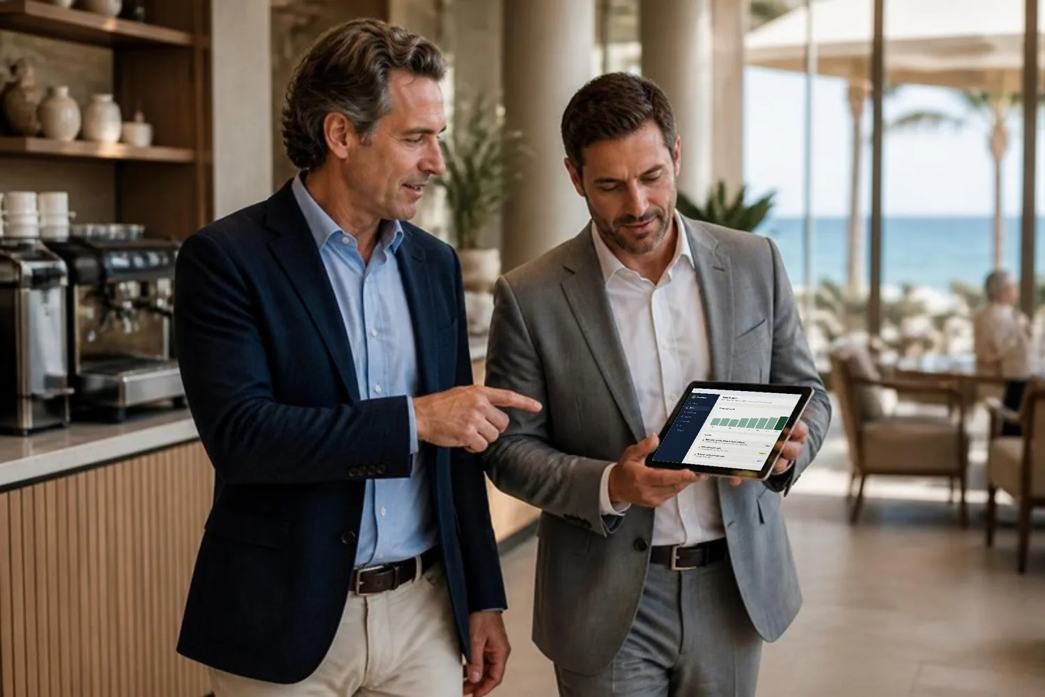 An account manager walks a resort's food and beverage director through a quarterly review in the hotel lobby, the account open on his tablet