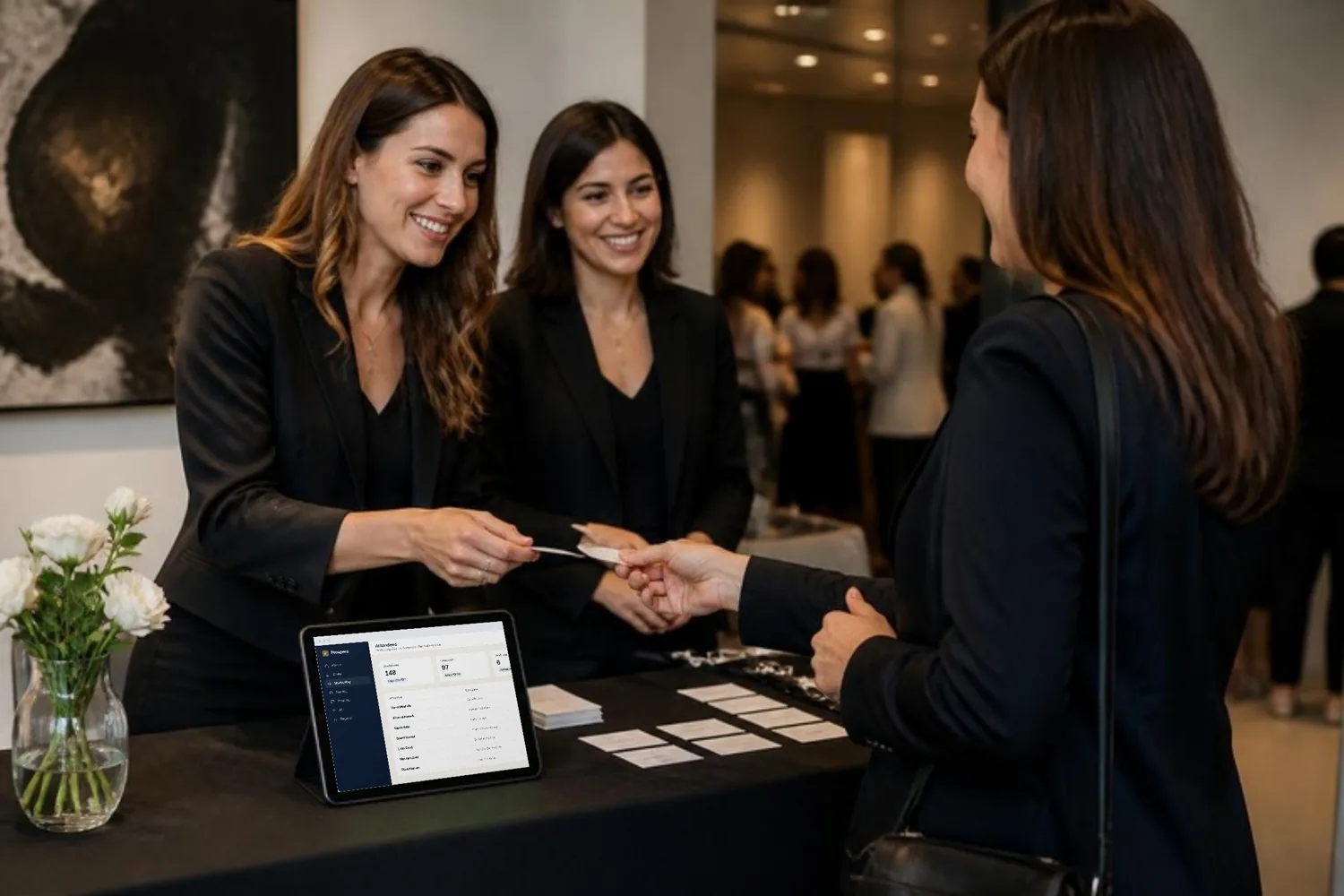At the registration desk of a coffee tasting, an event coordinator checks a guest in on her tablet