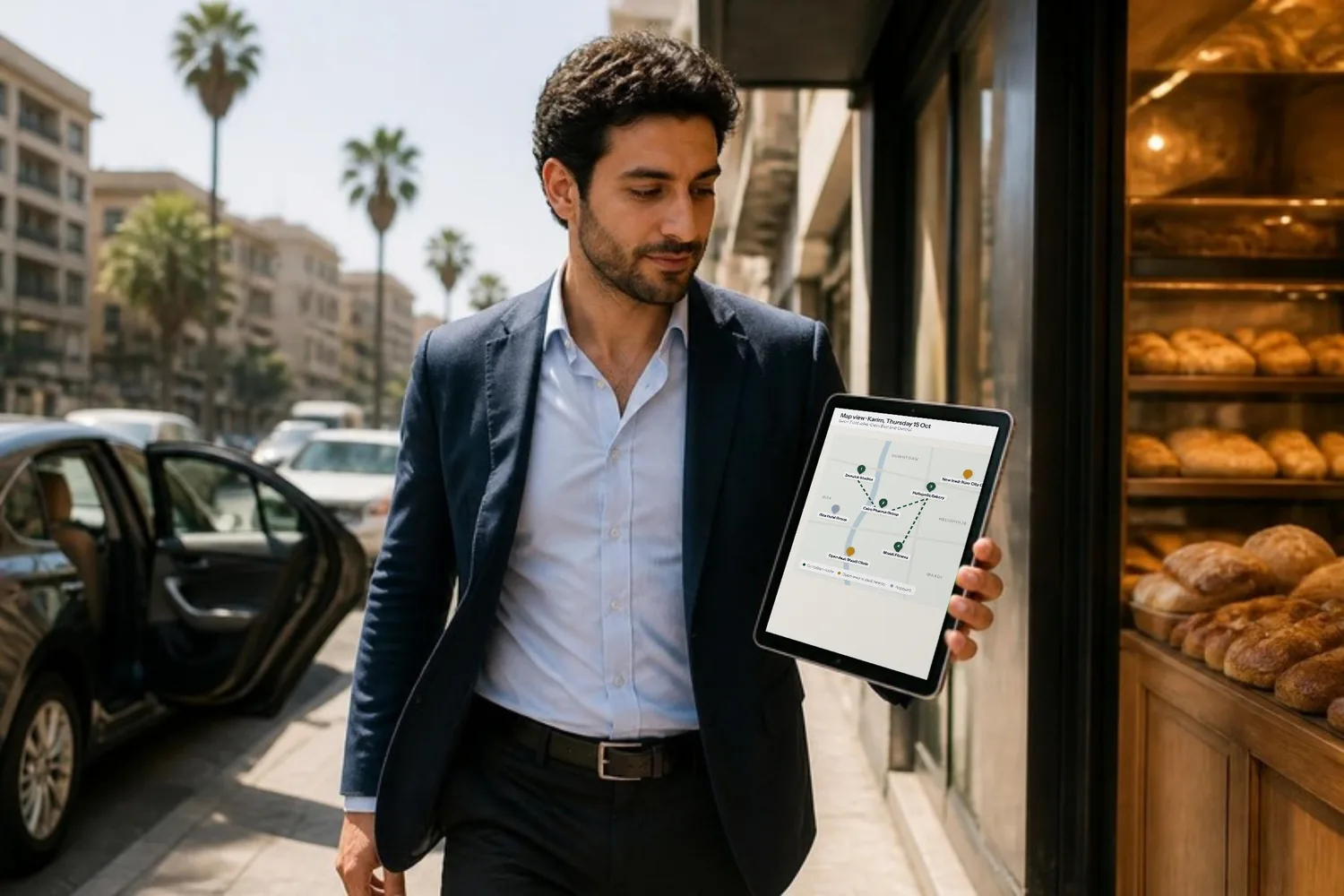 An account manager steps out of his car outside a Heliopolis bakery, checking the next stop on his tablet