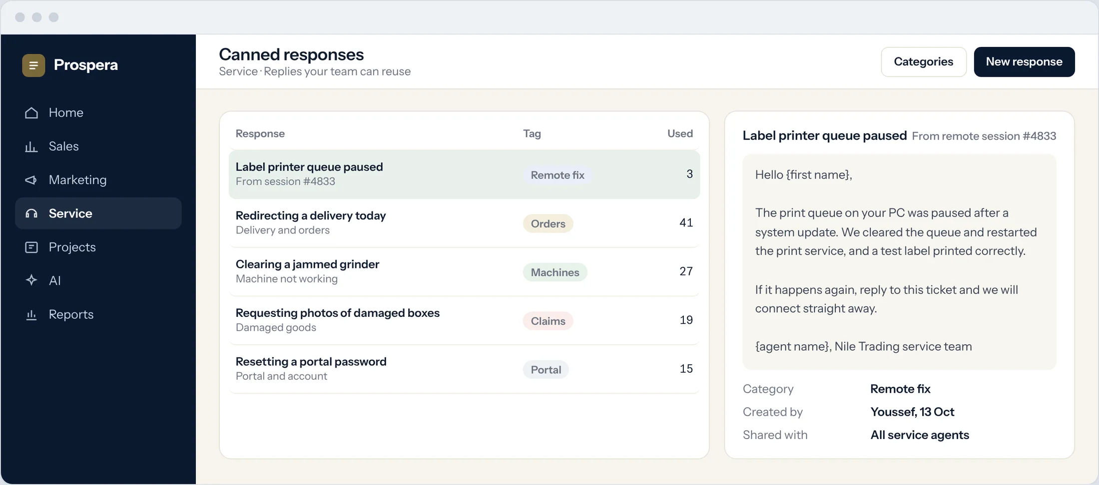 Sample: a library of canned responses with one created from a remote session log
