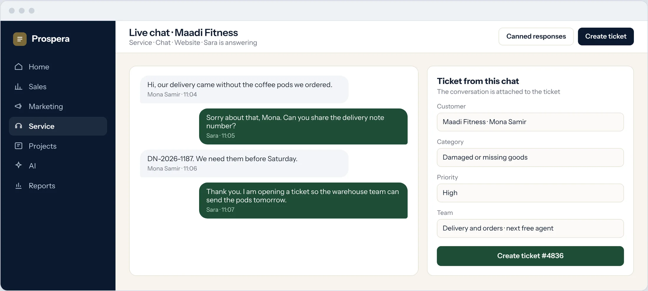 Sample: a live chat with a customer and a ticket being created from the conversation