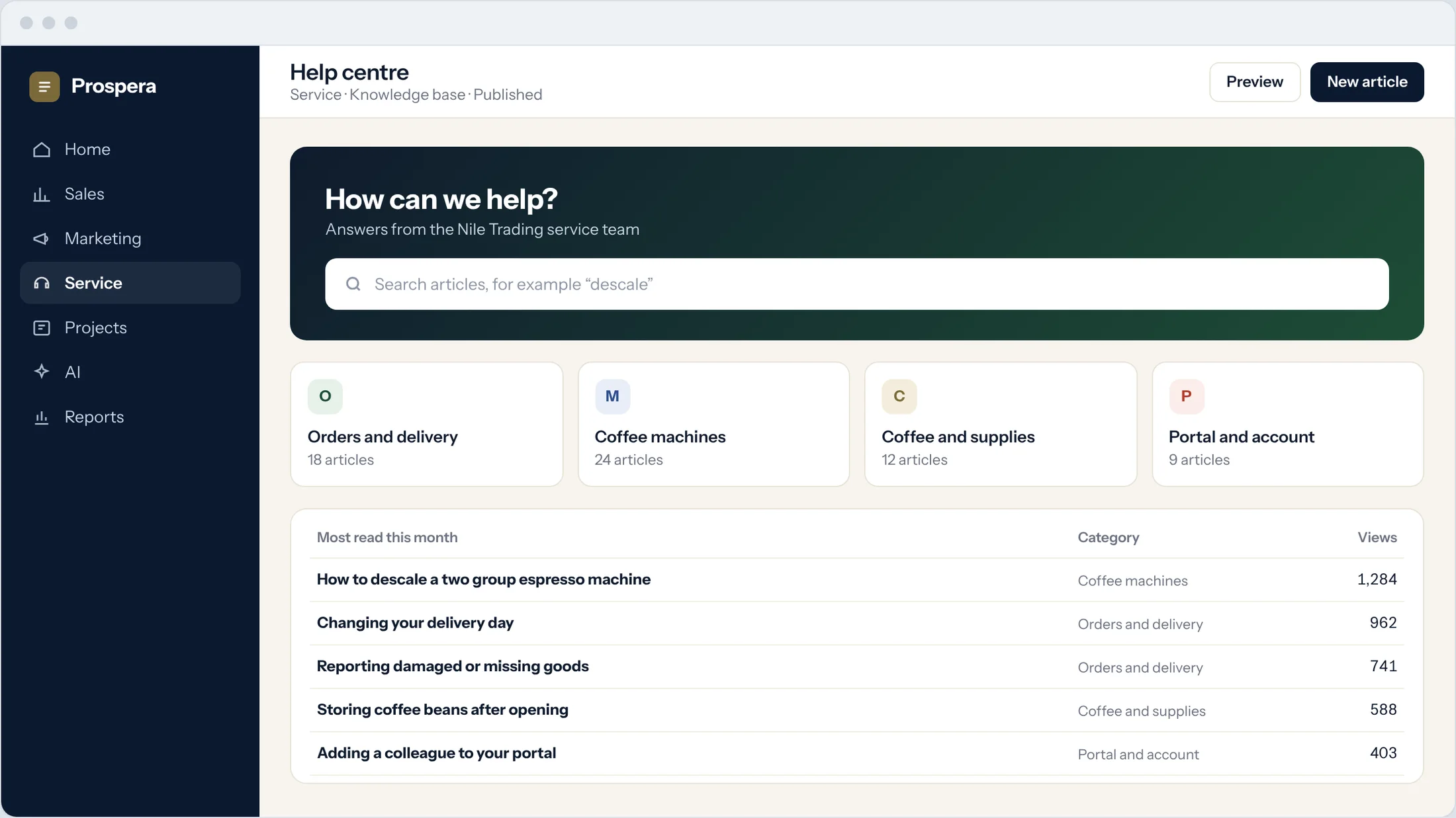 Sample: a help centre with a search box, article categories and the most read articles