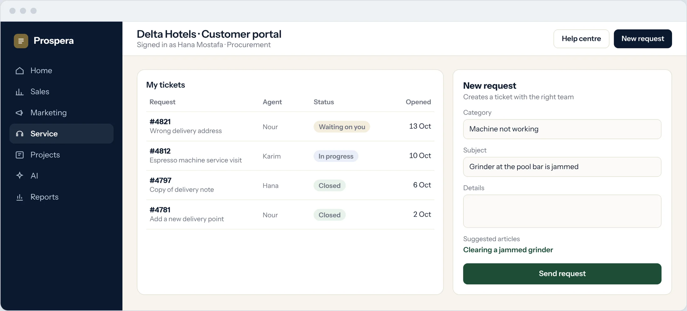 Sample: a customer portal with the customer's tickets, their status and a new request form