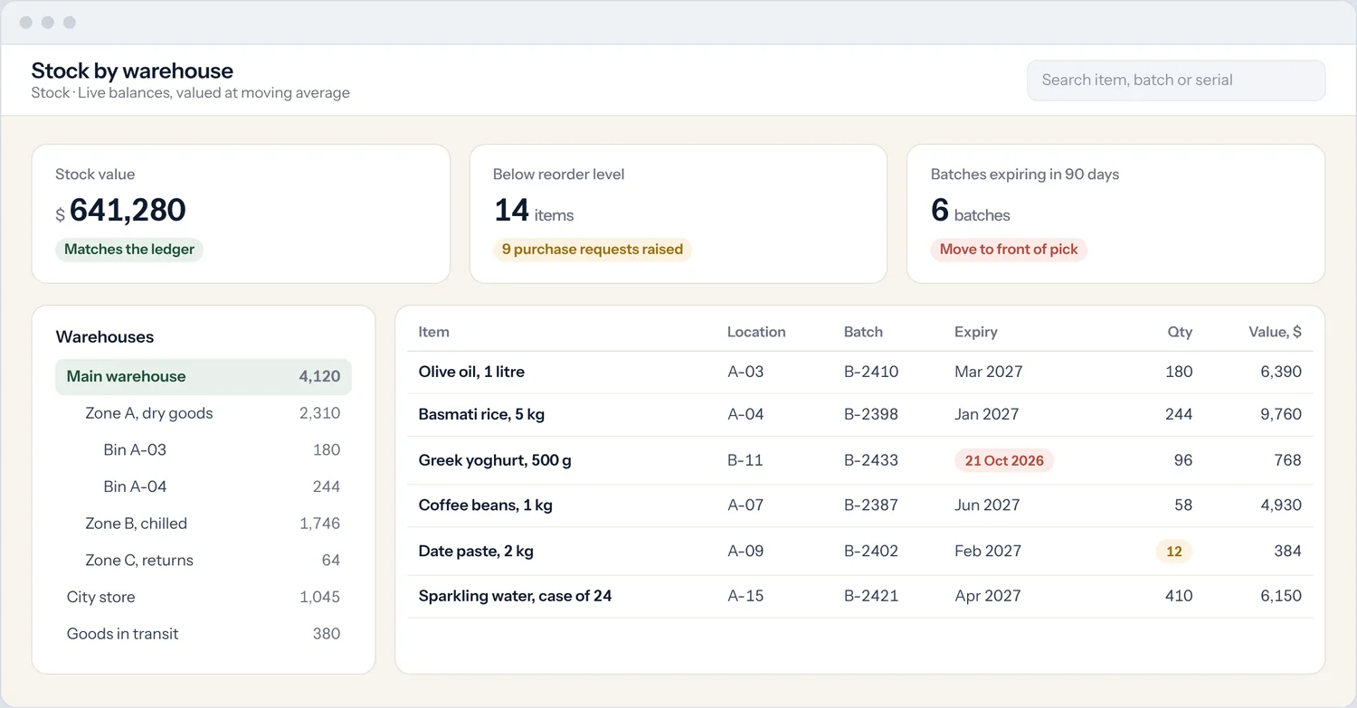 Stock by warehouse: stock value matching the ledger, items below reorder level, batches expiring soon, and items by bin with batch, expiry, quantity and value.