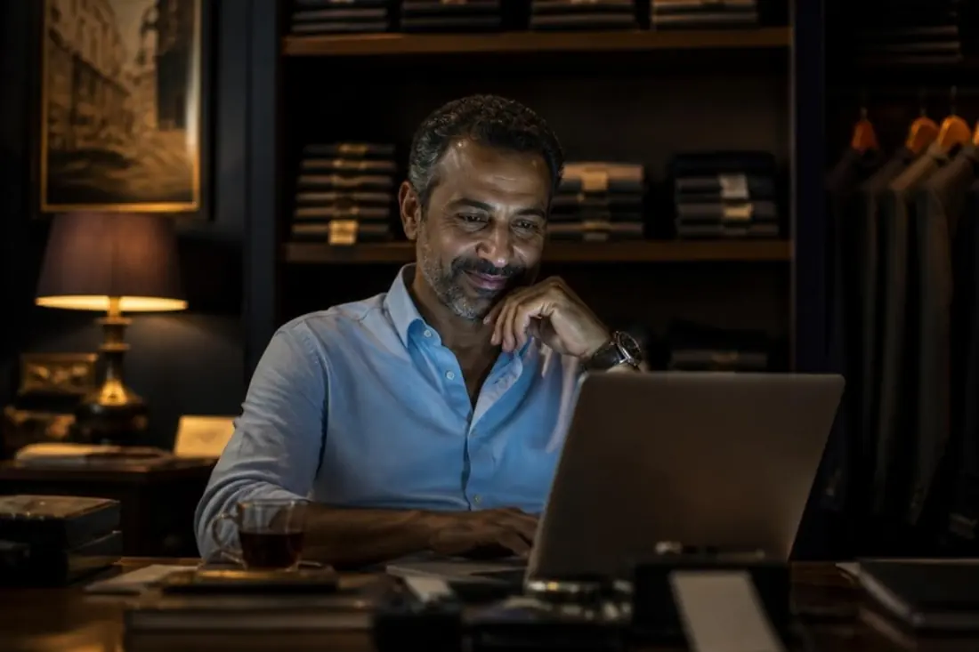 A business owner reviewing the month on a laptop in his shop office.