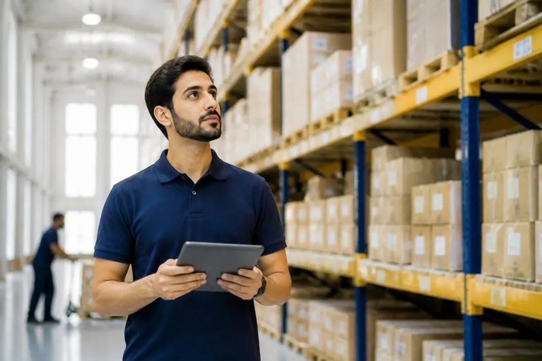 A warehouse supervisor checking stock on a tablet between shelves.