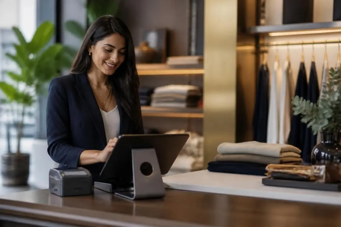 A store manager ringing up a sale on a tablet point of sale in a boutique.
