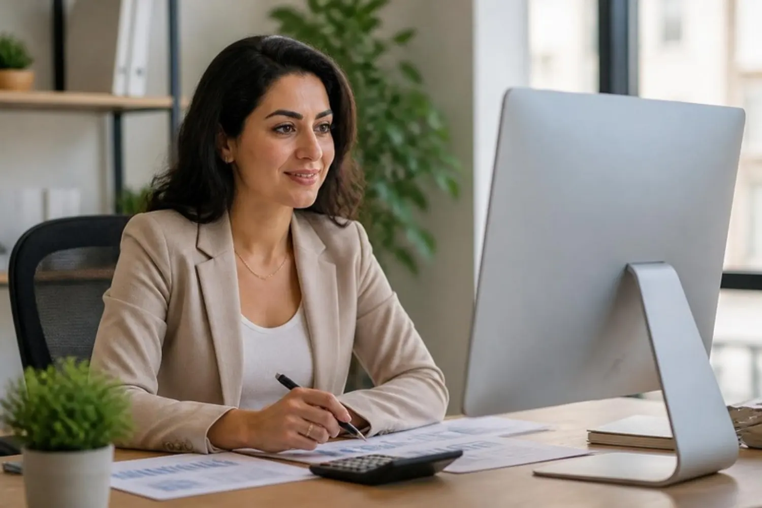 An accountant reviewing the month on her desktop