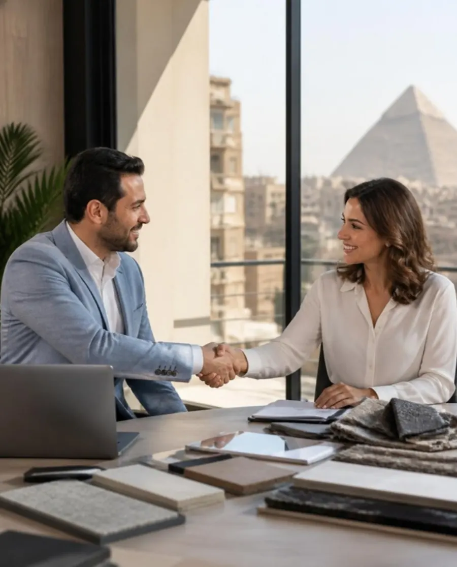 Two business owners shaking hands over a counter