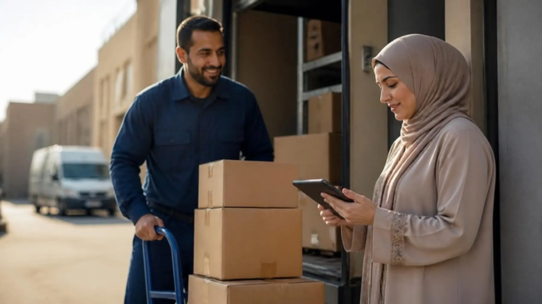 A delivery checked against a tablet at the loading bay
