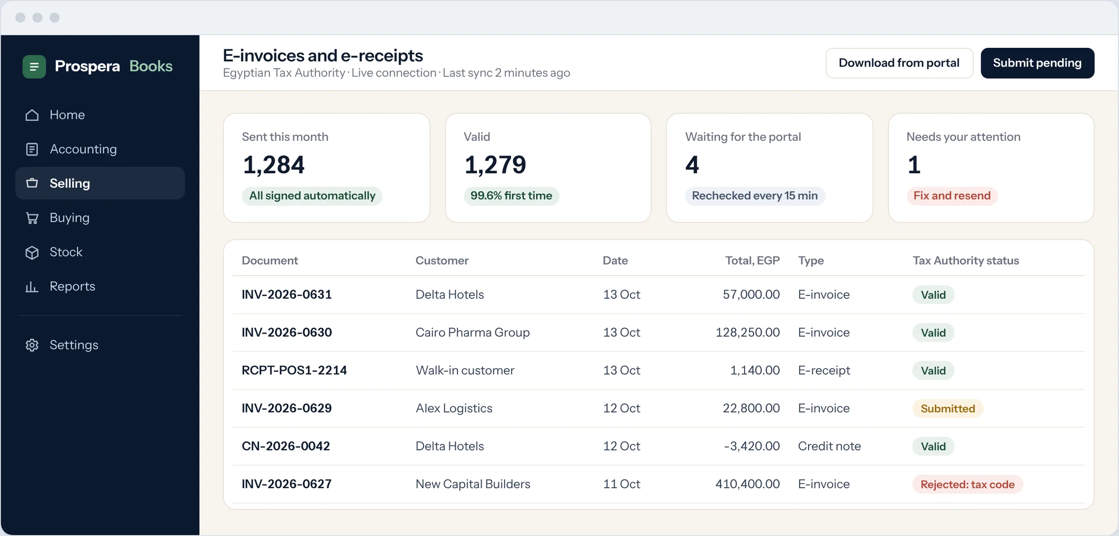 Sample: e-invoices and e-receipts with their Tax Authority status