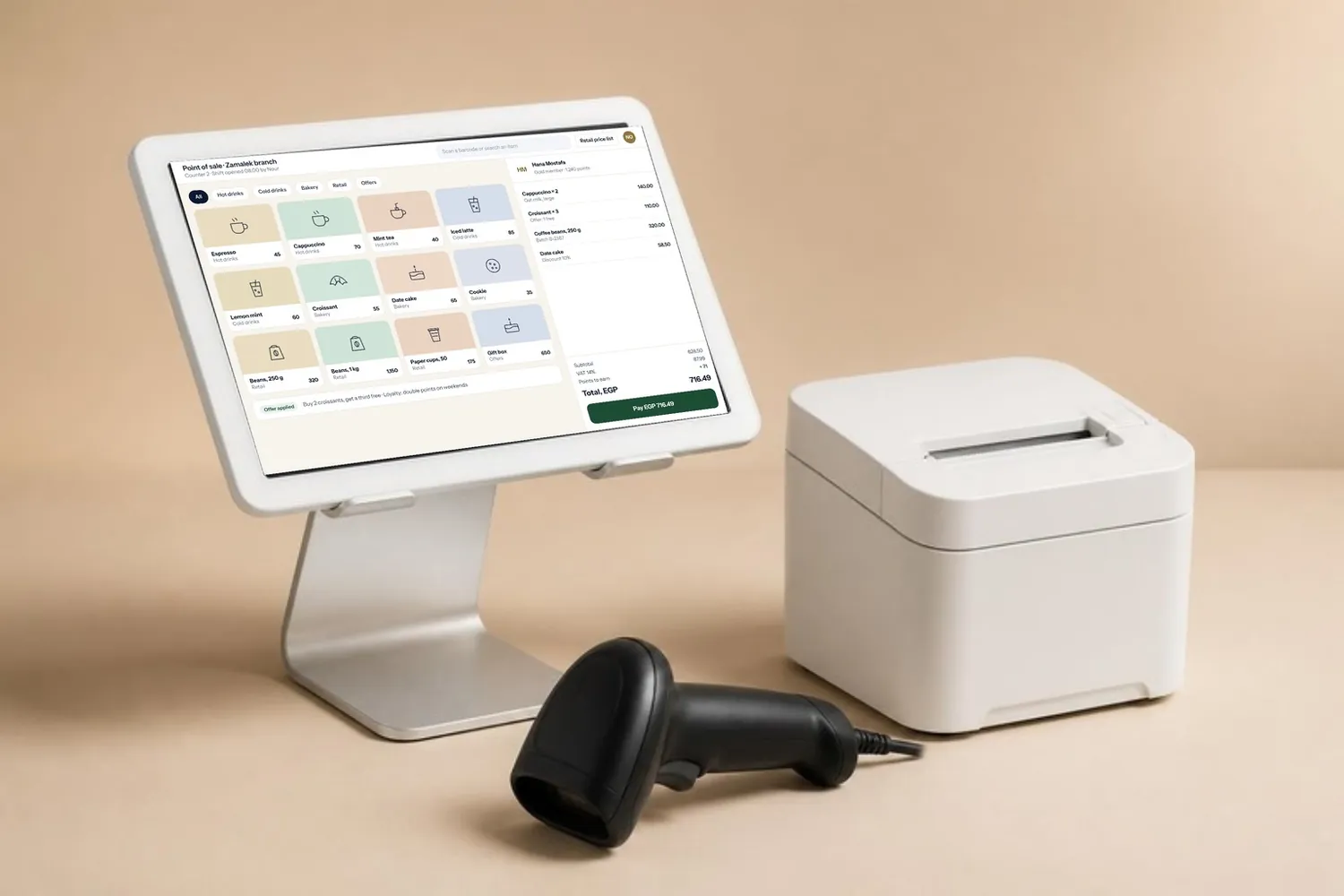 Tablet point of sale with receipt printer and barcode scanner