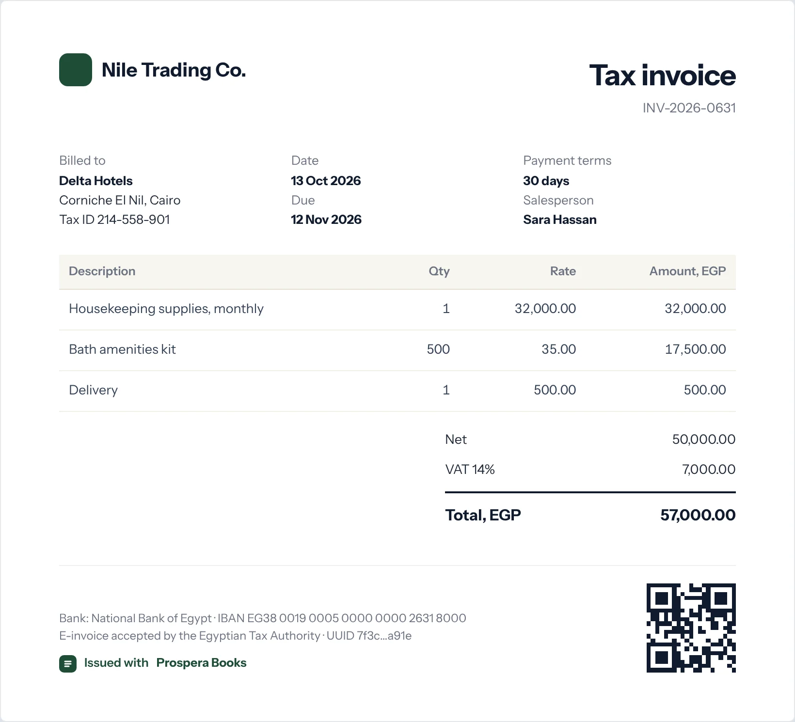 Sample: a printed tax invoice issued with Prospera Books