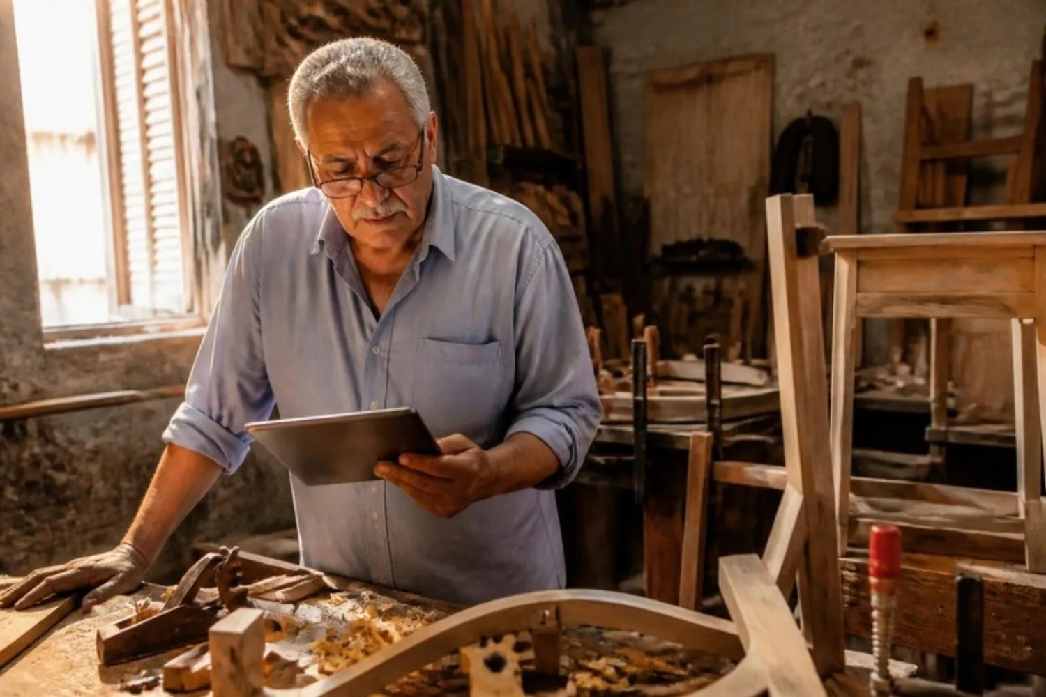 A workshop owner reviewing an invoice on his tablet