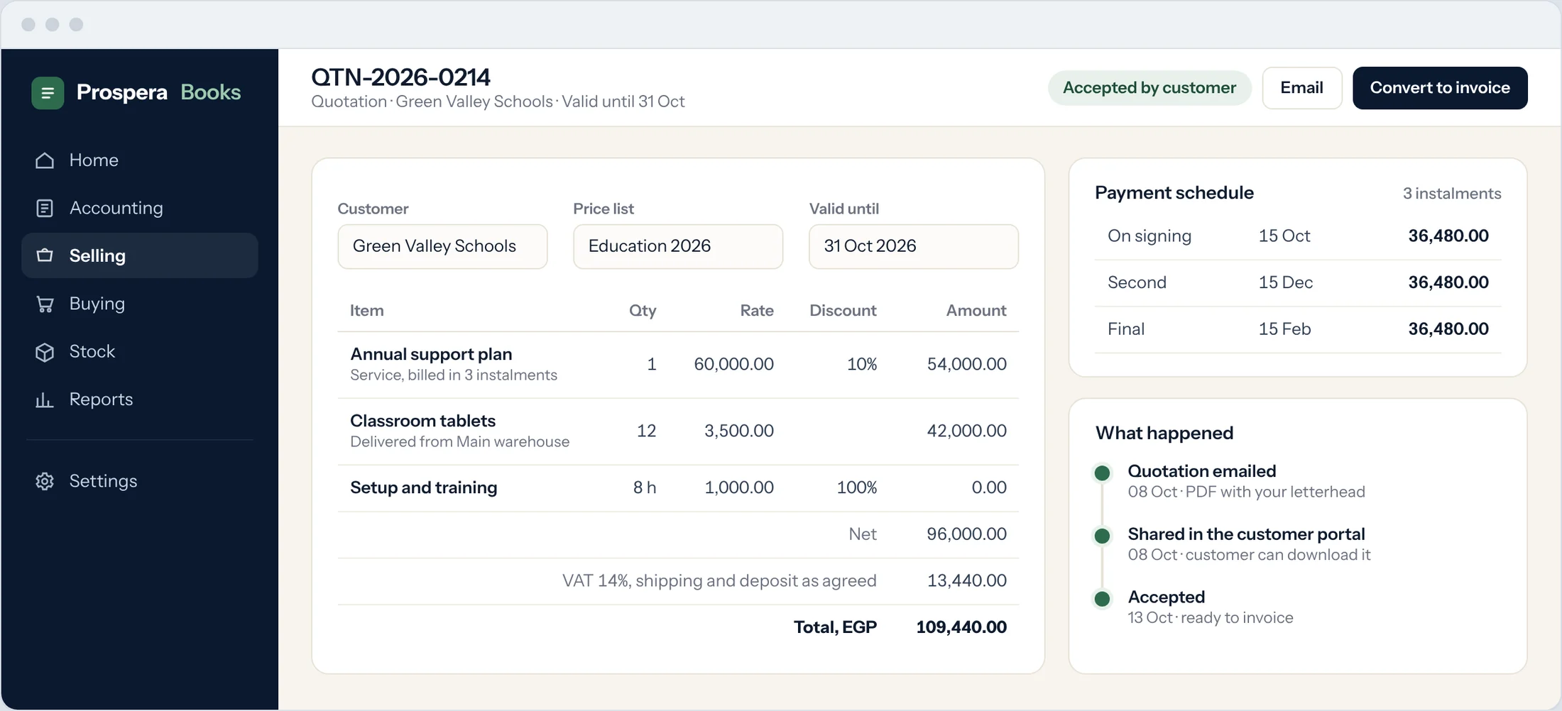 Sample: quotation with instalment schedule and history