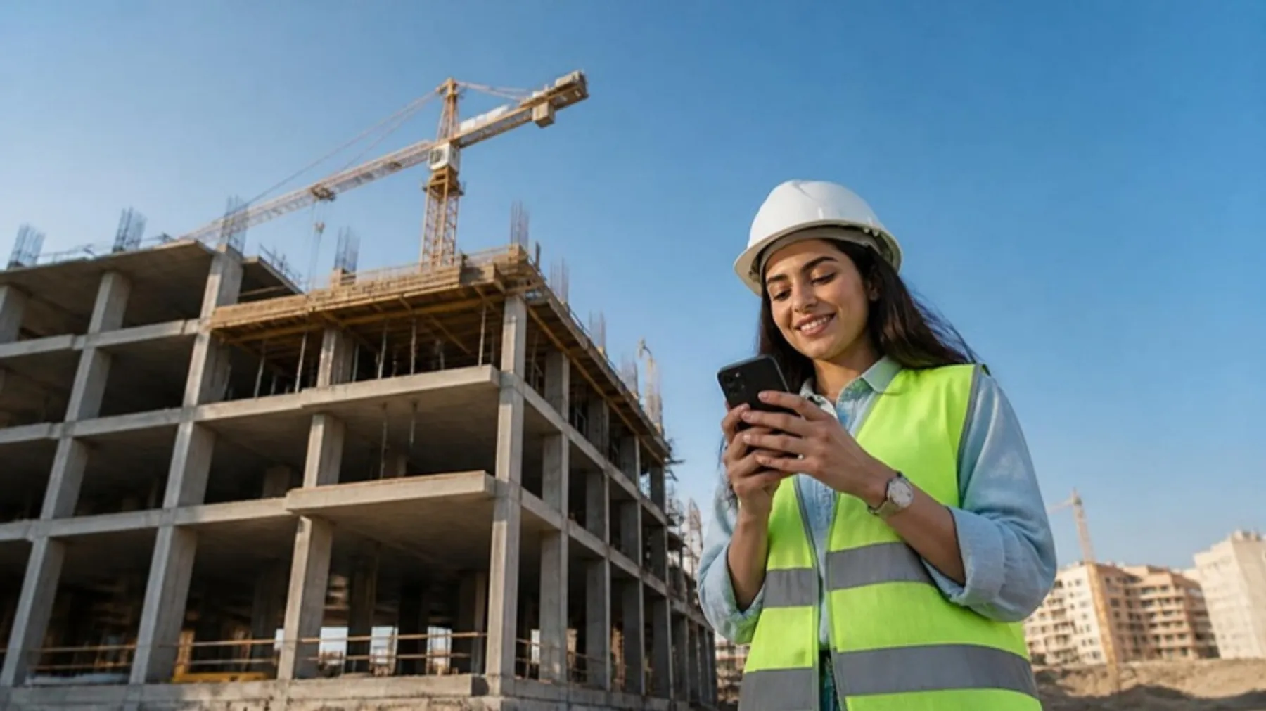 An engineer on site checking a project on a tablet