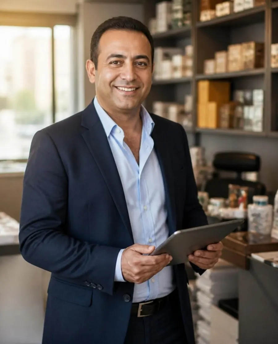 A business owner reviewing the day's figures on a tablet