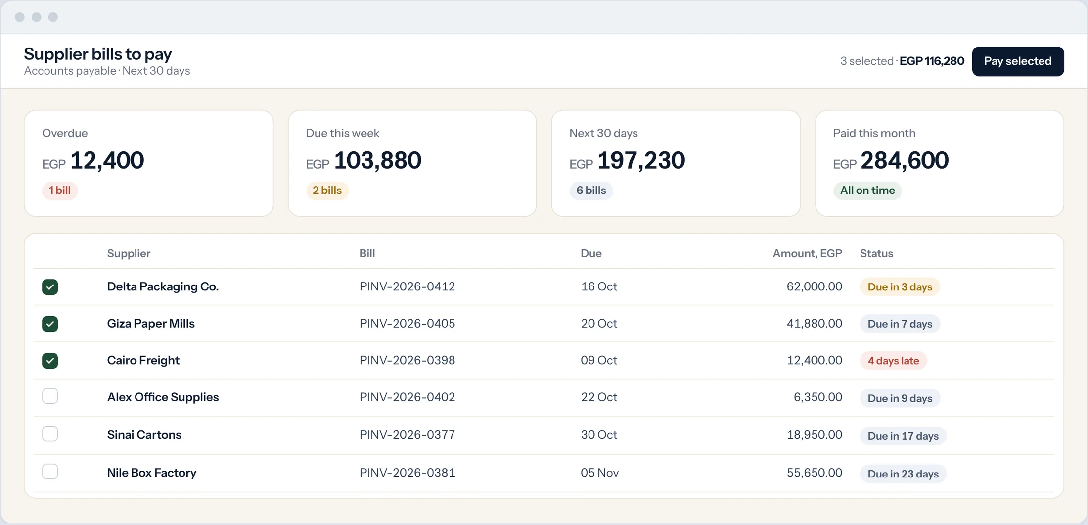 Sample: supplier bills due in the next 30 days