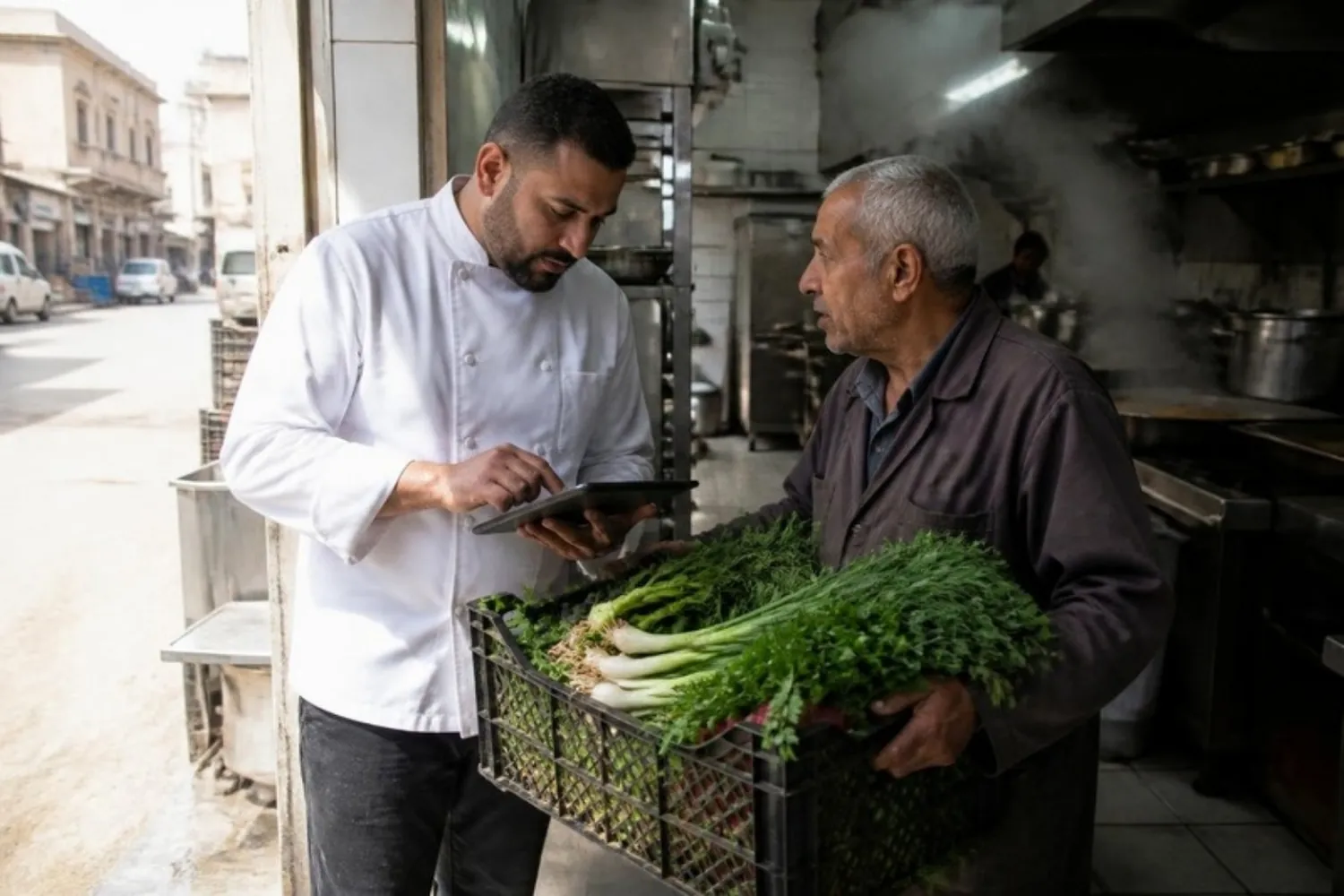 A chef checking a vegetable delivery against a tablet with the supplier