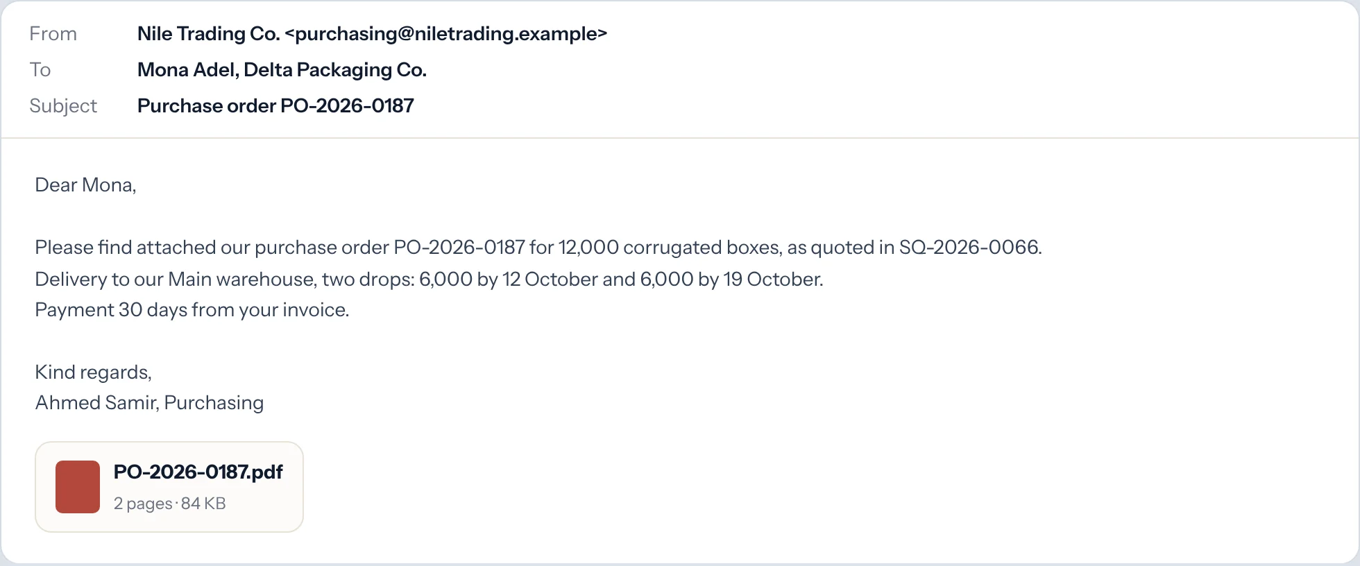 Sample: purchase order email with the PDF attached