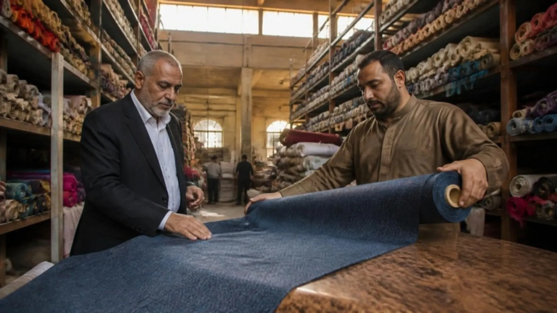 A buyer inspecting fabric rolls in a textile warehouse