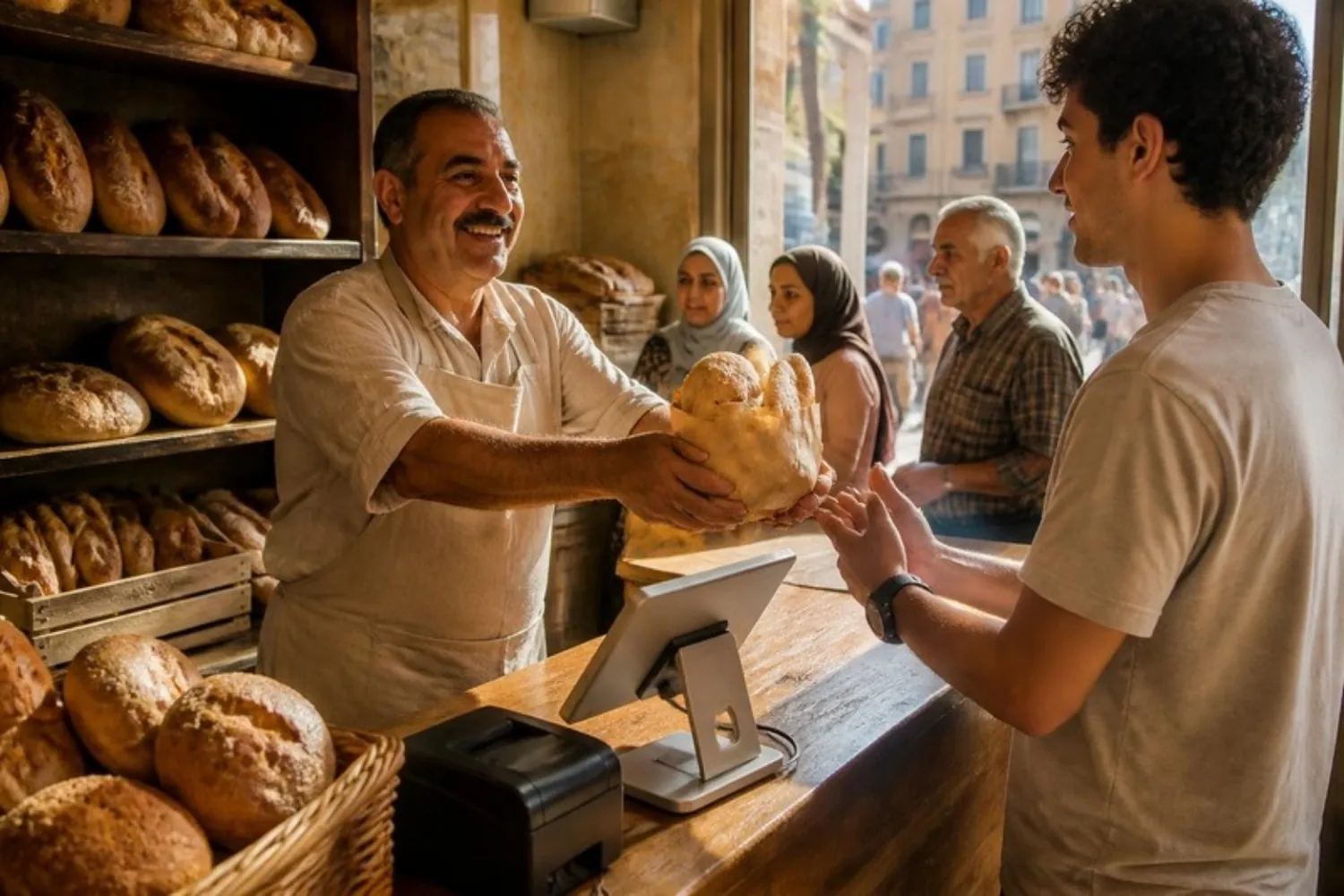 A baker handing bread to a customer, with a tablet point of sale on the counter