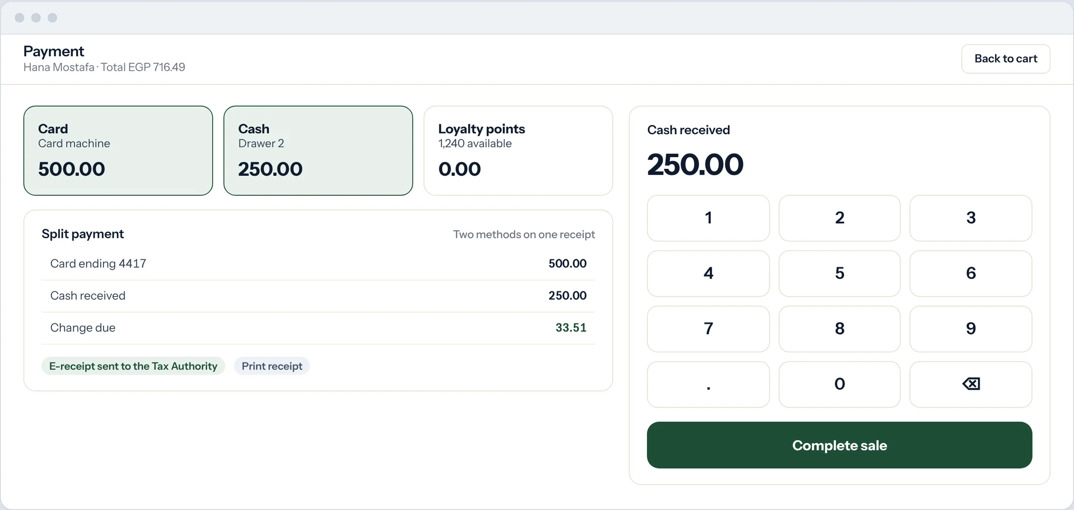 Sample: split payment between card and cash
