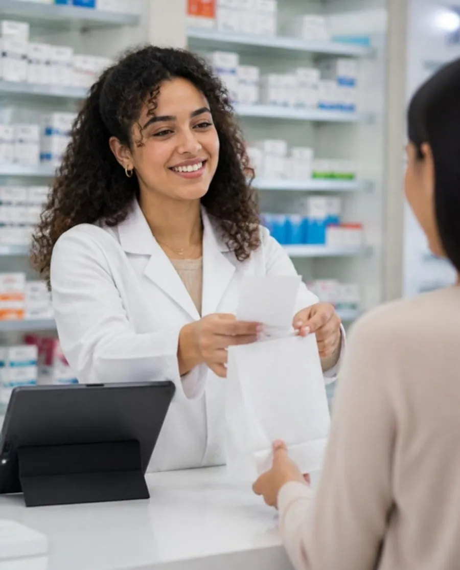 A pharmacist handing a receipt to a customer