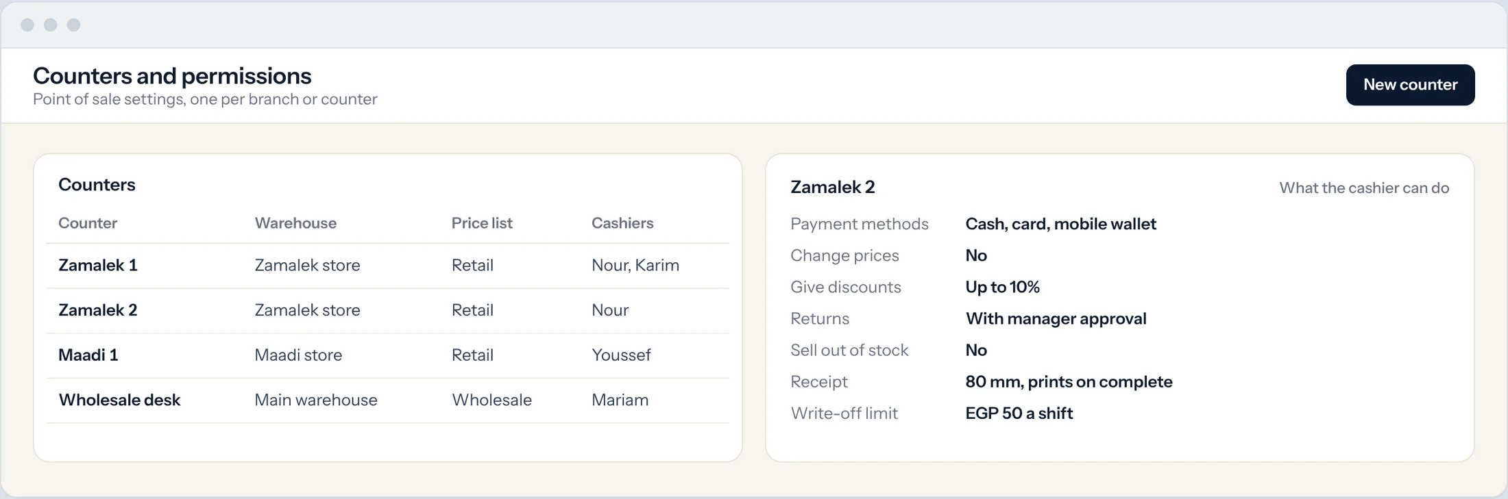 Sample: counters and cashier permissions