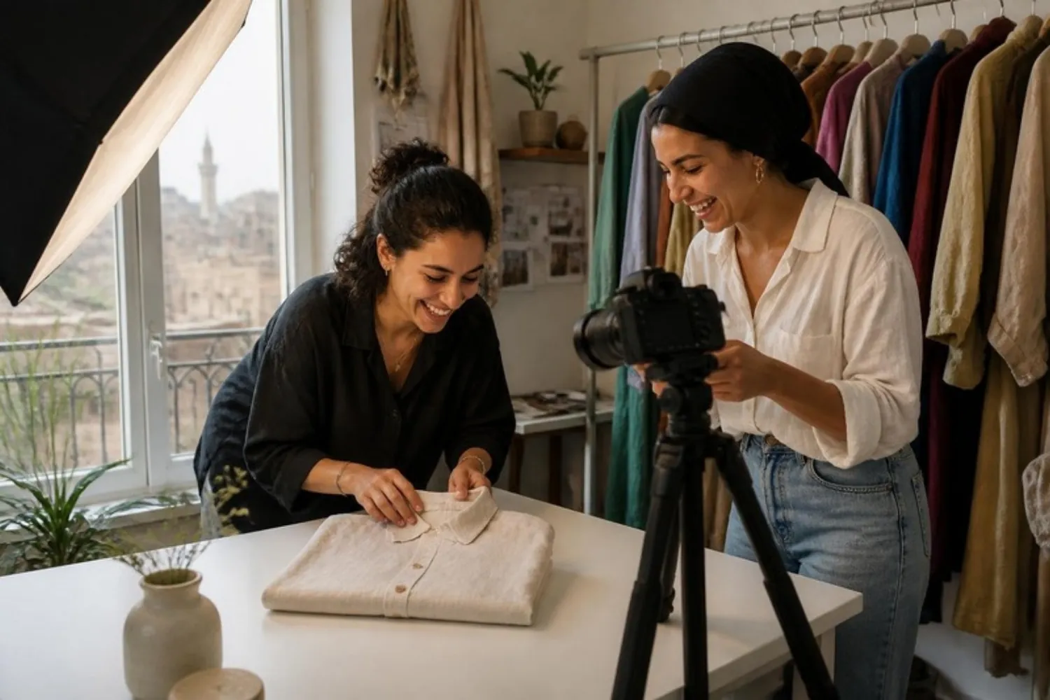 Two founders photographing a shirt for their catalogue