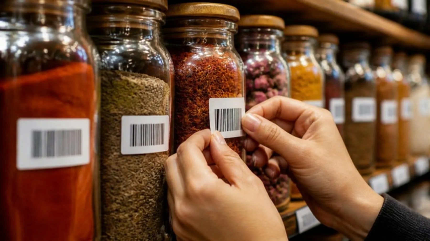 Hands labelling spice jars with barcodes