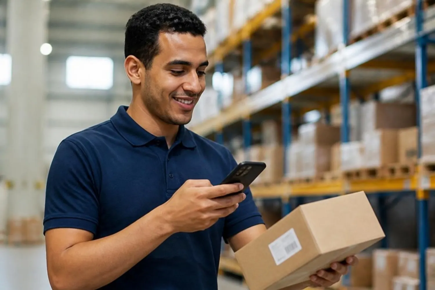 A warehouse team member scanning a box barcode with his phone
