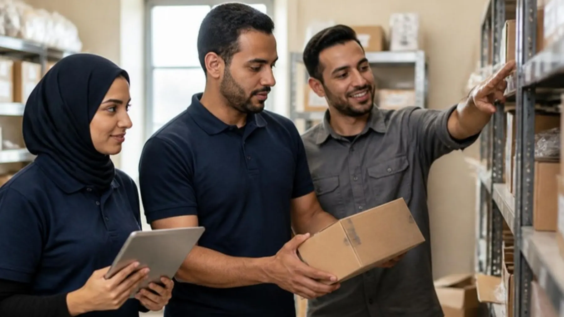 A team counting stock together in a storeroom