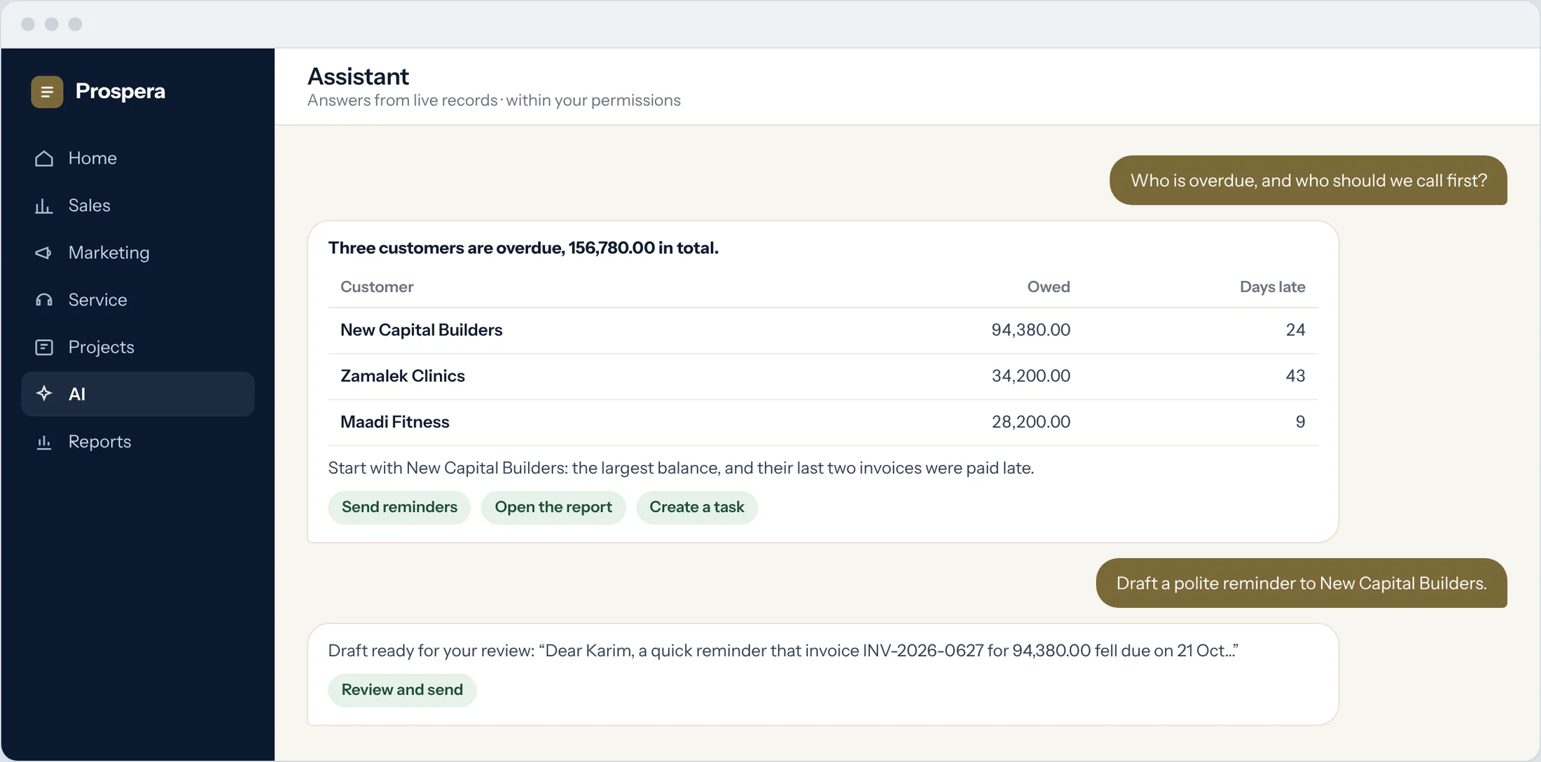 Sample: the assistant lists three overdue customers and drafts a payment reminder for review