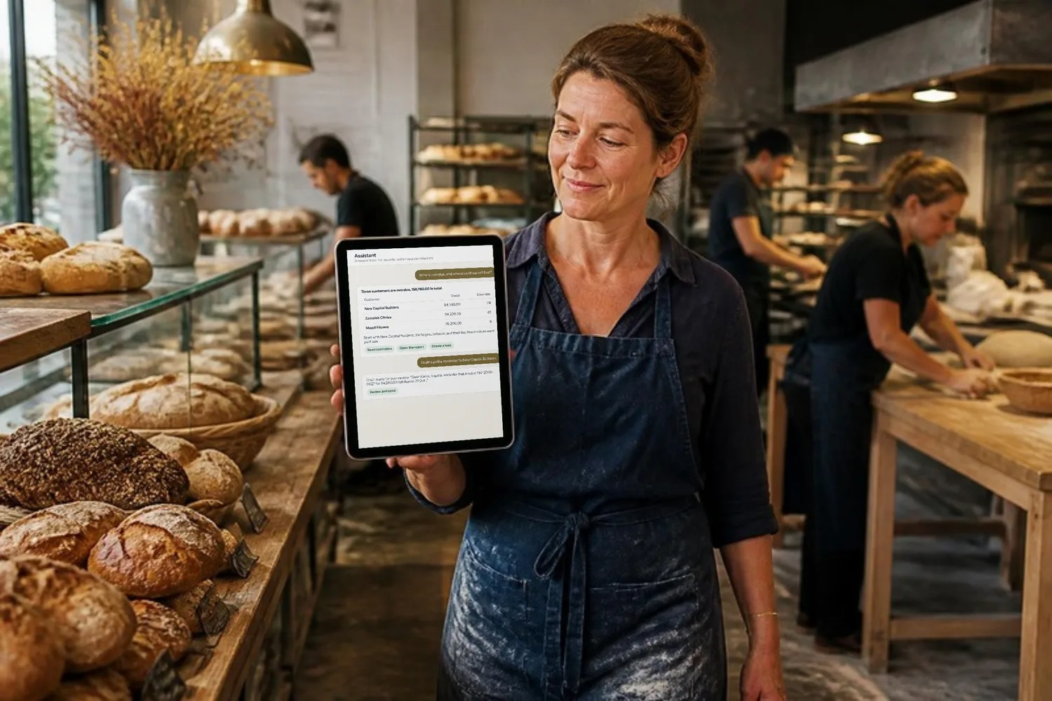 A bakery owner checks the assistant on her tablet as she walks the counter at opening time