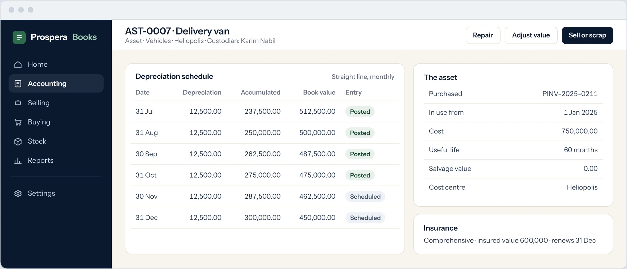 Sample: a straight-line monthly depreciation schedule for a delivery van, with posted and scheduled entries