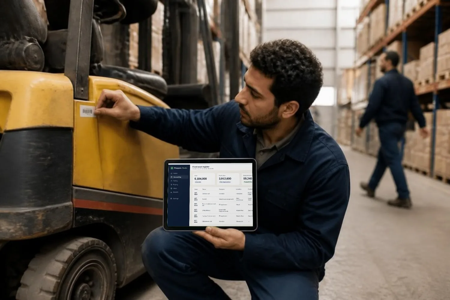 A technician tags a forklift in the warehouse, the Prospera Books asset register on his tablet