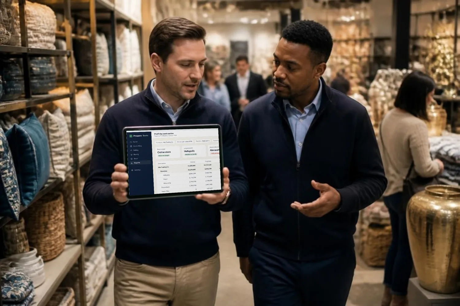 A regional manager walks the store with the branch manager, branch profit open on his tablet