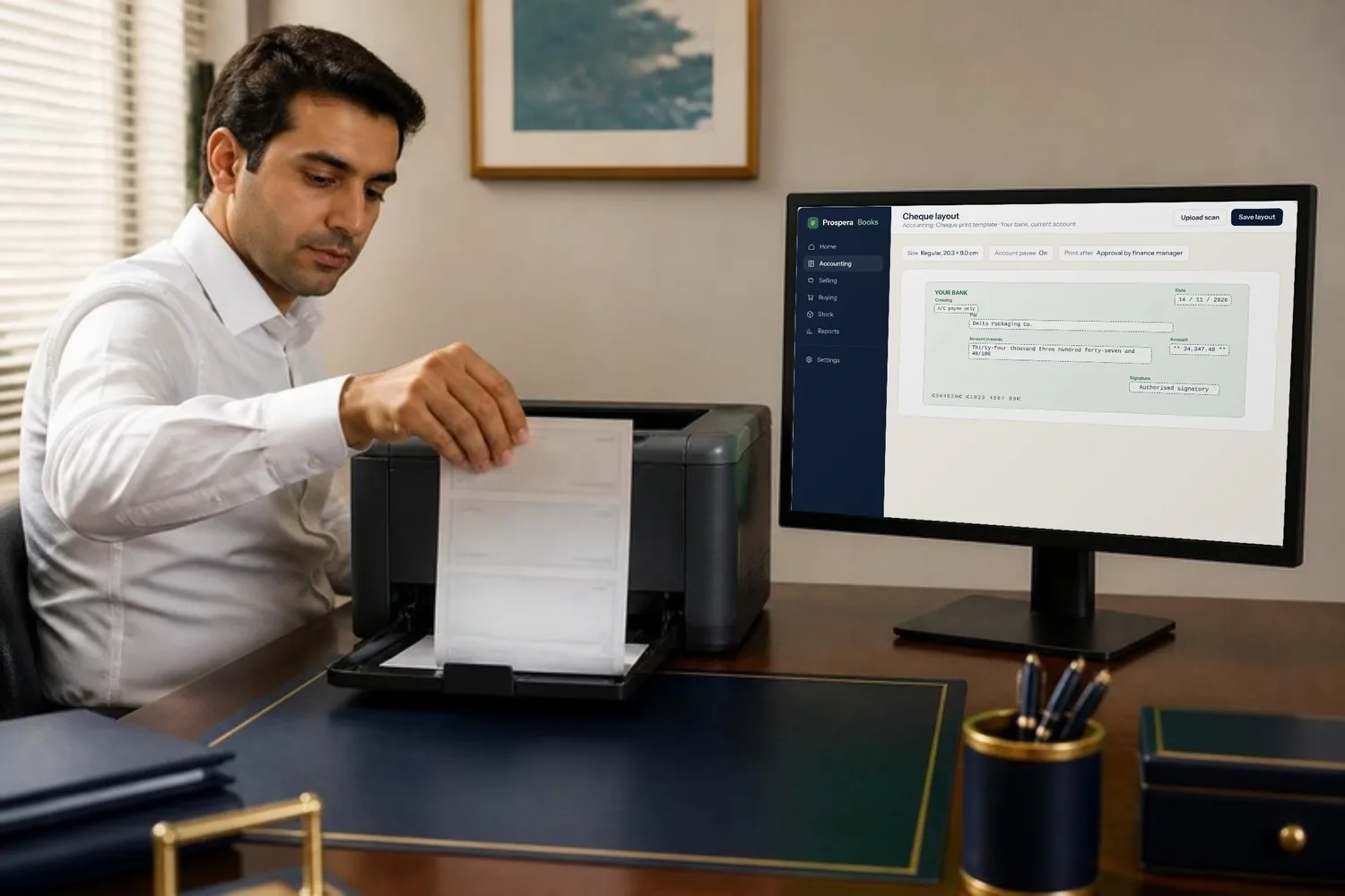 An accountant lifts a printed cheque from the printer, the Prospera Books cheque layout on screen